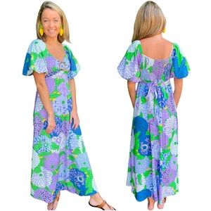 Purple Hydrangea Print Puff Sleeve Maxi Dress with Smocked Tie Back